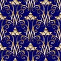 Floral 3d damask seamless pattern. Vector vintage blue background. Hand drawn gold flowers, leaves, swirls, curves, interesting Royalty Free Stock Photo