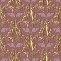 Floral 3d damask seamless pattern. Vector vintage pink background. Hand drawn gold flowers, leaves, swirls, curves, interesting Royalty Free Stock Photo