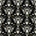 Floral 3d paisley seamless pattern. Vector vintage black background. Hand drawn silver Royalty Free Stock Photo