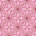 Floral 3d seamless pattern. Ornamental pink background. Repeat rose color vector backdrop. Vintage line art ornaments. Elegance