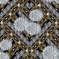 Floral 3d seamless pattern. Vector vintage background with geometric shapes, rhombus, stripes, meander, greek key, white