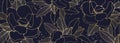 Floral dark blue luxury background with golden outlines of flowers and leaves. Royalty Free Stock Photo