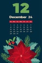 Floral December 2024 calendar template. With bright colorful flowers.