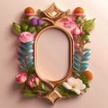 A floral decorated golden picture frame on pink background Generative AI Royalty Free Stock Photo
