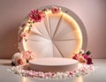 Floral Decorated Platform with Glowing Backdrop on a Soft Pink Background Royalty Free Stock Photo