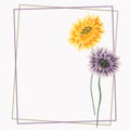 Floral decoration. Birthday card. Watercolor blossoming spring yellow and violet flowers in frame a light violet background
