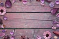 Floral decorations on pink, purple wooden desk with free space in the middle for text, photo or product presentation