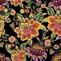 Floral decorative elements in jacobean damask embroidery style, fantasy fower illustration seamless pattern, vintage, old, retro