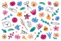 Floral decorative elements set, hand drawn icons of roses and tulips, flowers doodles, vector illustrations of colorful Royalty Free Stock Photo