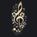 Floral decorative golden treble clef, patterned musical sign.