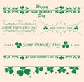 floral delimiters. Green decorative borders with clover leaves. Vector trefoils for Saint Patrick Day