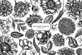 Floral design with black and white poppy flower, gerbera, sunflower, milkweed, dahlia, veronica