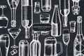 Floral design with chalk glass, champagne, mug of beer, alcohol shot, bottles of beer, bottle of wine, glass of Royalty Free Stock Photo