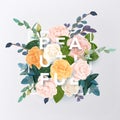 Floral design with colorful pink, white and orange roses and green plants. Vector illustration with integrated Royalty Free Stock Photo