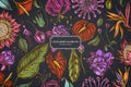 Floral design on dark background with african daisies, fuchsia, gloriosa, king protea, anthurium, strelitzia