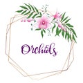 Floral design geometric frame. Orchid, eucalyptus, greenery. Wedding card.