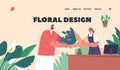 Floral Design Landing Page Template. Man Buying Bouquet in Flower Shop. Saleswoman Giving Blossoms, Illustration Royalty Free Stock Photo