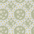 Daisy Wreath Seamless Pattern on Grassy Green Background.