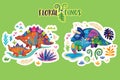 Floral dinosaurs. Bright sticker set. Vector illustration