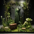 Romanticism-inspired Fashion Show Window With Green Dress And Plant-based Luggage