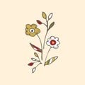 Floral ditsy composition. Hand drawn decorative cute flowers, naive childish doodle style. Grey, red, green, yellow Royalty Free Stock Photo