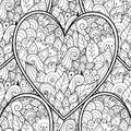 Floral doodle black and white seamless pattern for coloring book. Love mandala outline background