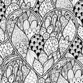 Floral doodle black and white seamless pattern for coloring book. Love mandala outline background