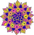 Floral doodle boho mandala with leaves. Colorful line drawing. Spiritual art. Meditative antistress floral element for design.