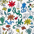 Colorful floral doodle seamless pattern with flowers, insects, butterfly. Royalty Free Stock Photo