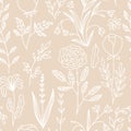 Floral doodle seamless pattern. Vector hand-drawn illustration of flowers and herbs. Thin line sketch. Royalty Free Stock Photo
