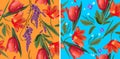 Floral double set with tulips. Seamless vector isolated pattern. Trendy art style on an orange and blue background