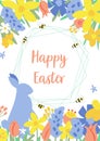 Floral easter poster. Spring flowers, rabbit bunny banner template for Easter Egg hunt. Greeting card Vector