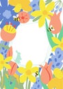 Floral easter poster. Spring meadow flowers, rabbit bunny banner template for Easter Egg hunt. Greeting card bright