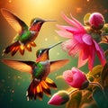 Two Fiery-throated Hummingbirds Beside a Pink Blossom in Savegre, Costa Rica. Generative ai for illustrations