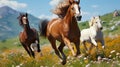 Floral Elegance in Motion Horses Running Wild in Meadow
