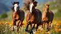 Floral Elegance in Motion Horses Running Wild in Meadow