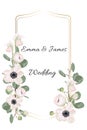 Floral elegant invite card gold frame design: garden flower pink Anemone, tender greenery. Royalty Free Stock Photo