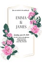 Floral elegant invite card gold frame design: garden flower pink dog roses and leaves. Royalty Free Stock Photo