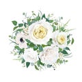 Floral elegant wedding round bouquet vector watercolor editable illustration. Tender cream yellow cabbage garden Rose, white