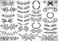 Big Floral Set of black hand drawn dividers, laurel wreaths, leaves, flowers, branches isolated on white