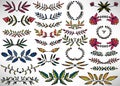 Colorful Big Floral Set of hand drawn dividers, laurel wreaths, leaves, flowers, branches isolated on white.