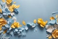 Floral elements on a basic blue paper texture background.