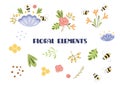 Floral elements set Cute hand drawn collection of flowers plants insects bee leaves nature clip art