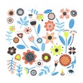 Floral elements set. Flower head, petals, leaves and branches. Fantasy folk hand drawn design elements. Colorful flat Royalty Free Stock Photo