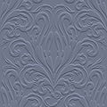 Floral emboss Baroque 3d seamless pattern. Embossed blue background. Textured repeat backdrop. Surface Baroque Damask ornaments. Royalty Free Stock Photo