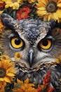 A Floral Embrace: Intimate Owl Portrait Amidst Blossoms