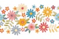 Floral embroidery. Seamless horizontal border with colorful flowers and leaves on white background. Beautiful print for fabric Royalty Free Stock Photo