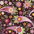 Floral embroidery. Seamless pattern with flowers, leaves, paisley with swirls. Vector illustration