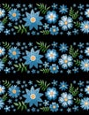 Floral embroidery seamless pattern. Horizontal stripes from blue flowers and green leaves on black background. Textile print Royalty Free Stock Photo