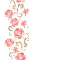 Floral embroidery. Vertical seamless line with beautiful pink rose flowers on white background. Template for greeting cards Royalty Free Stock Photo